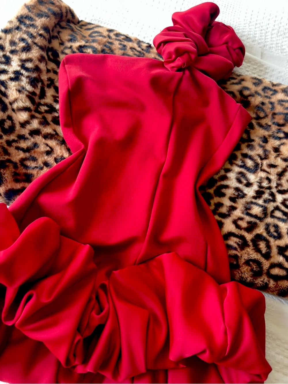 Fashion Nova Red One-Shoulder Ruffle Gown